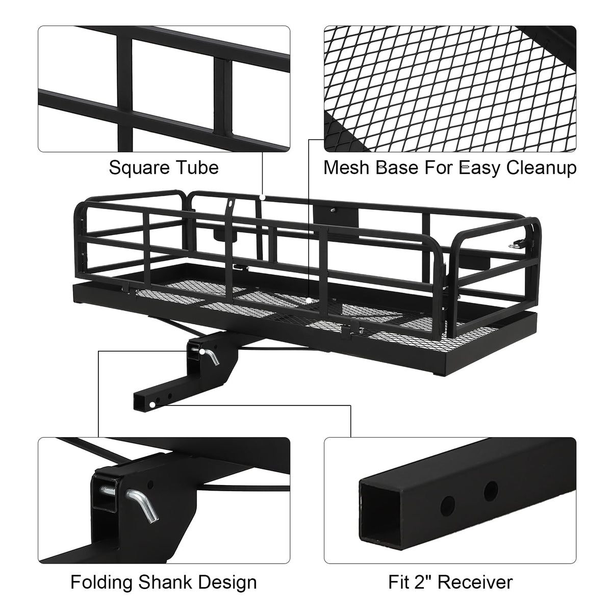 Trailer Hitch Cargo Rack, Folding Hitch Mount Cargo Carrier with High Side Rails, Cargo Carrier Fits 2" Receiver for RV Truck SUV Van, 500 lbs Weight Capacity, 60" L×24" W×14.9" H