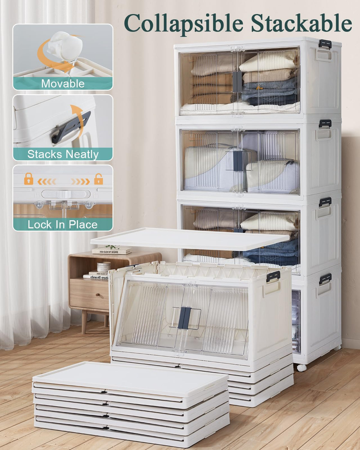 OlarHike 97QT Stackable Storage Bins with Lids - Folding Storage Box with Doors and Wheels, Collapsible Plastic Storage Drawers for Closets and Organization, Garage, 5 Pack Cubes