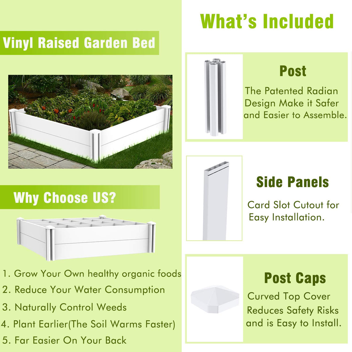 Kdgarden Raised Garden Bed Kit 4'x4' Outdoor Above Ground Planter Box for Growing Vegetables Flowers Herbs, DIY Gardening, Whelping Pen and More, Screwless White Vinyl Garden Bed with Grid