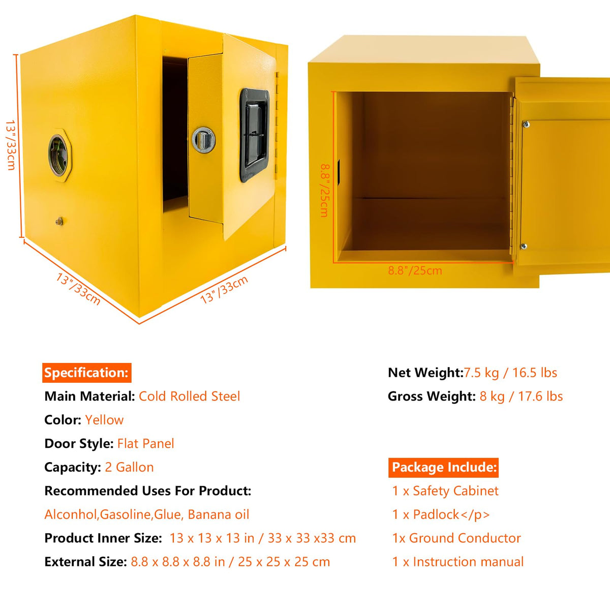 Qrooviiy Flammable Safety Cabinet,13"x13"x13" Safety Storage Cabinet,Flammable Cabinet Galvanized Steel Explosion Proof,Flammable Welded Bin Fireproof for Industrial Use - 2Ga