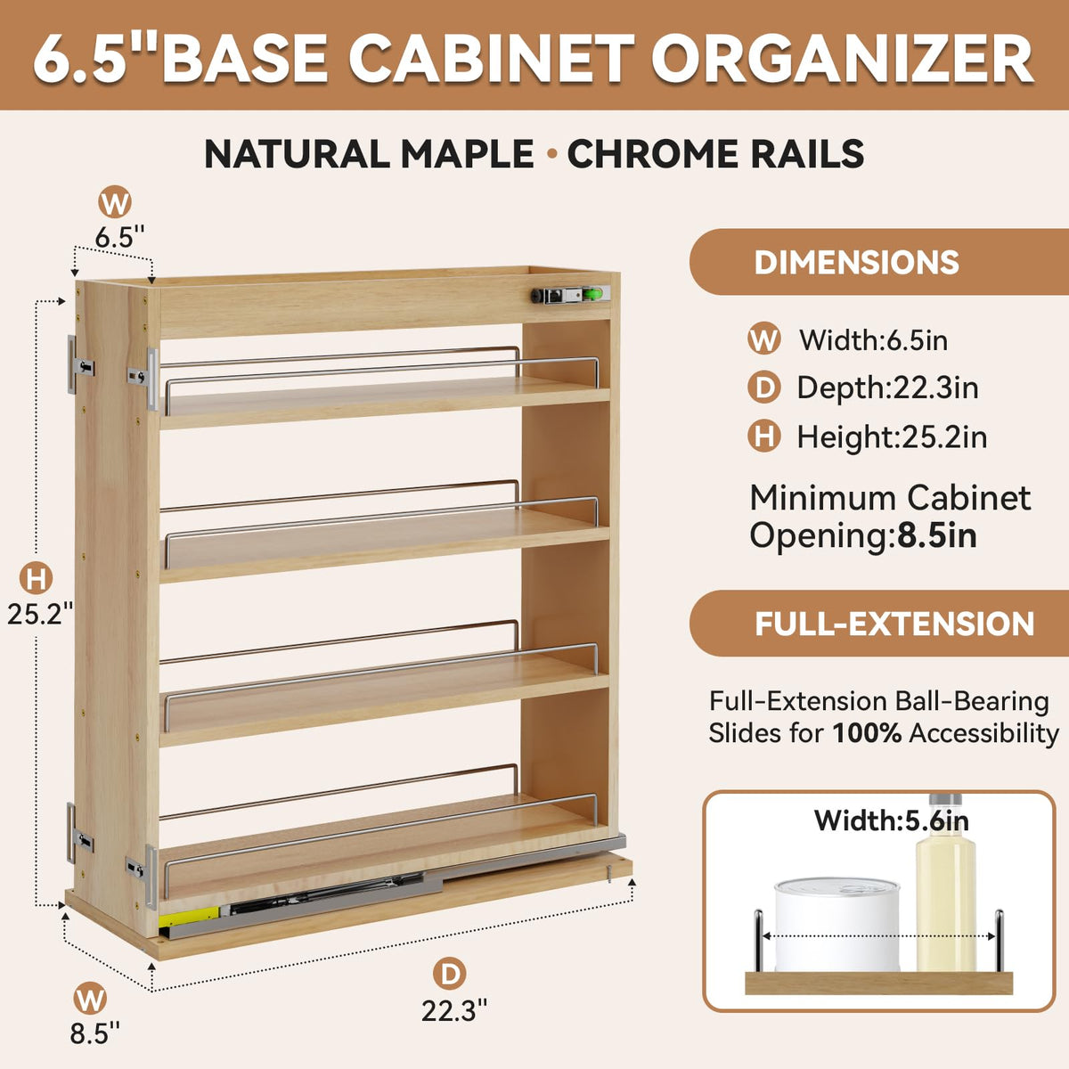 Grehitk Pull Out Spice Rack Organizer for Cabinet (6.5" W x 22.3" D x 25.2" H), Sliding Spice Rack for Kitchen Cabinet, Wood Pull Out Cabinet Organizer for Multi-Use
