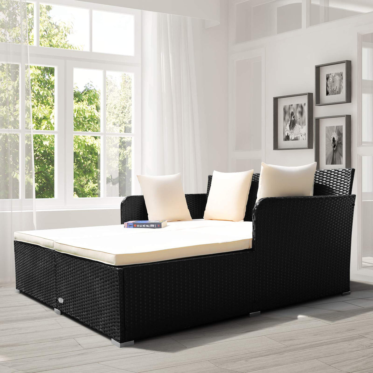 COSTWAY Outdoor Patio Rattan Daybed, Sponge Cushioned Loveseat Sofa with 4 Pillows, Wicker Furniture Sunbed for Balcony, Courtyard (Beige)