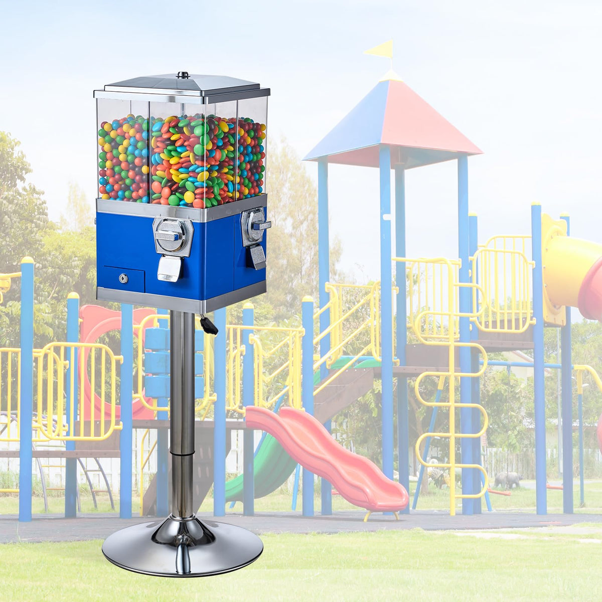 VEVOR Commercial Vending Machine, Four Compartment Rotatable Gumball and Candy Dispenser, Adjustable Height Coin Operated Candy Bank with Iron Stand, for Business Toy Capsules Bouncy Balls Nut, Blue