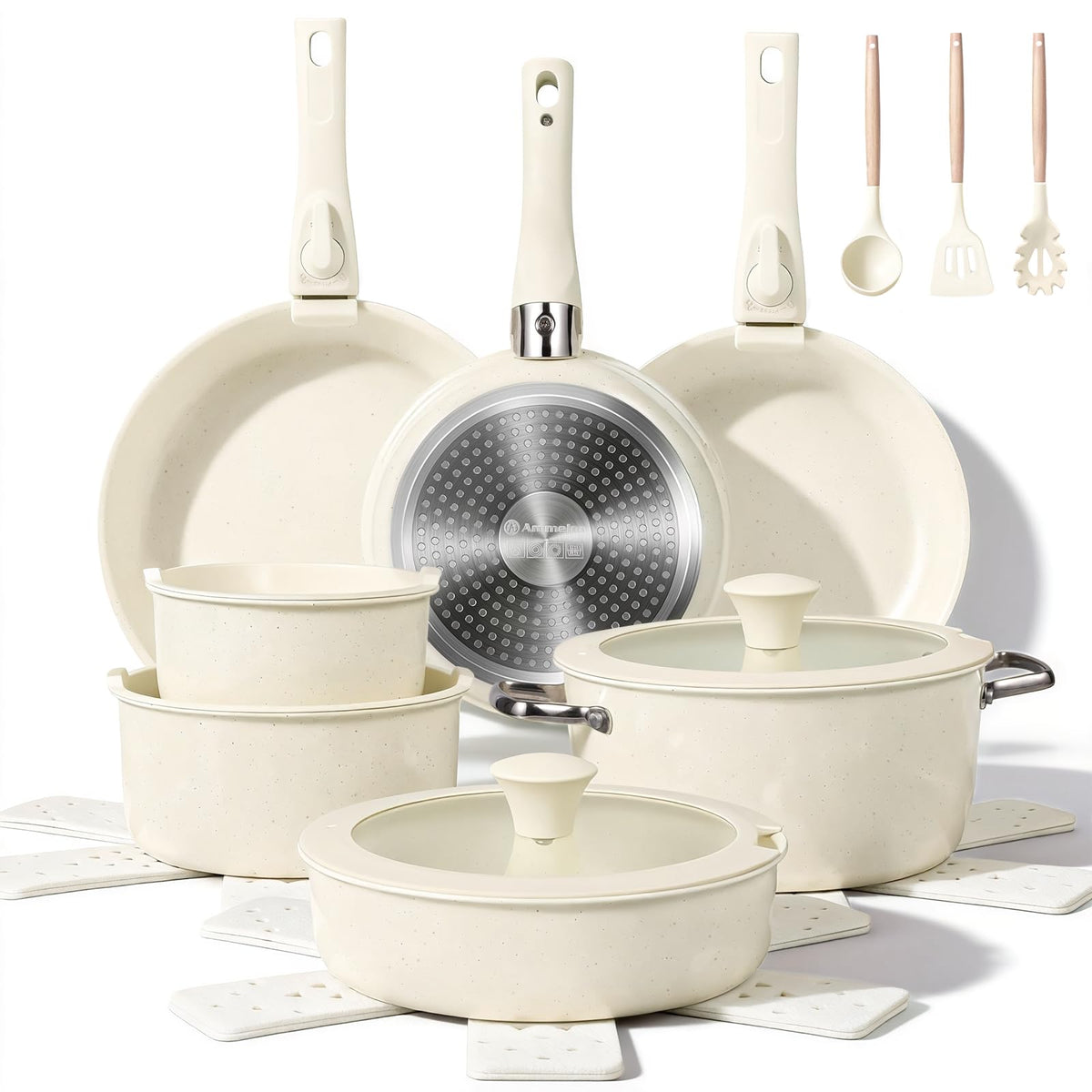 Ammeloo 24-Piece Ceramic Pots and Pans Set Non Stick, Ceramic Cookware Set with Removable Handles, Space Saving, Induction & Oven & Dishwasher Safe, For Small Kitchen, Apartment, RV, Cream White