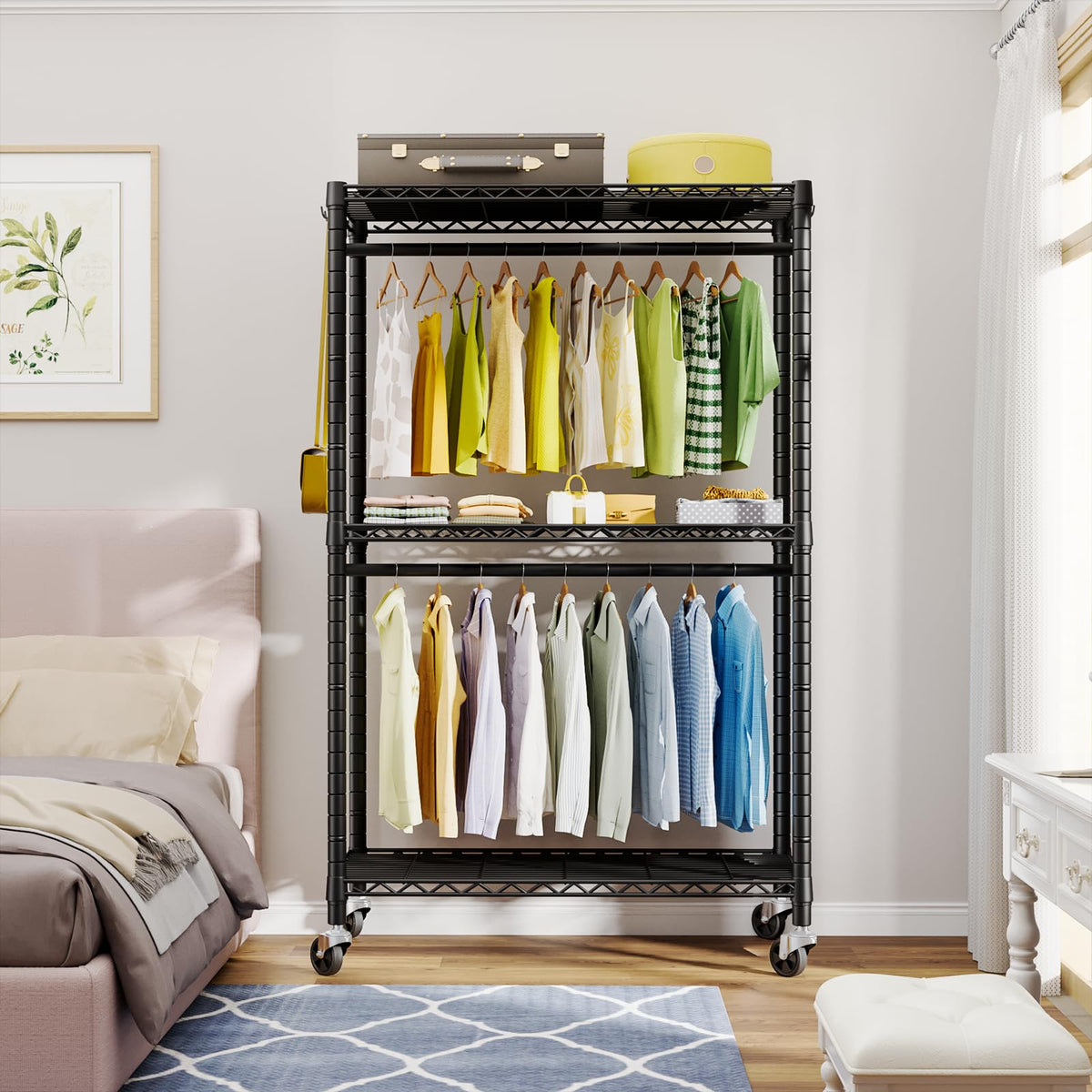 FUTASSI P3 Rolling Clothes Rack, Clothing Racks for Hanging Clothes, Heavy Duty Garment Rack with Wheels, Freestanding Portable Closet Racks 39.4'' W x 14'' D x 78.5'' H, Max Load 470 LBS, Black
