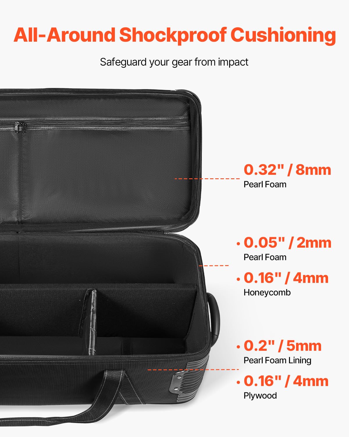 VEVOR Studio Equipment Trolley Case, 39.37 x 14.96 x 12.60 in / 100 x 38 x 32 cm, Rolling Camera Bag, Carrying Bag with Wheels Straps Padded Compartment Handle, for Light Stands, Tripods, Telescopes
