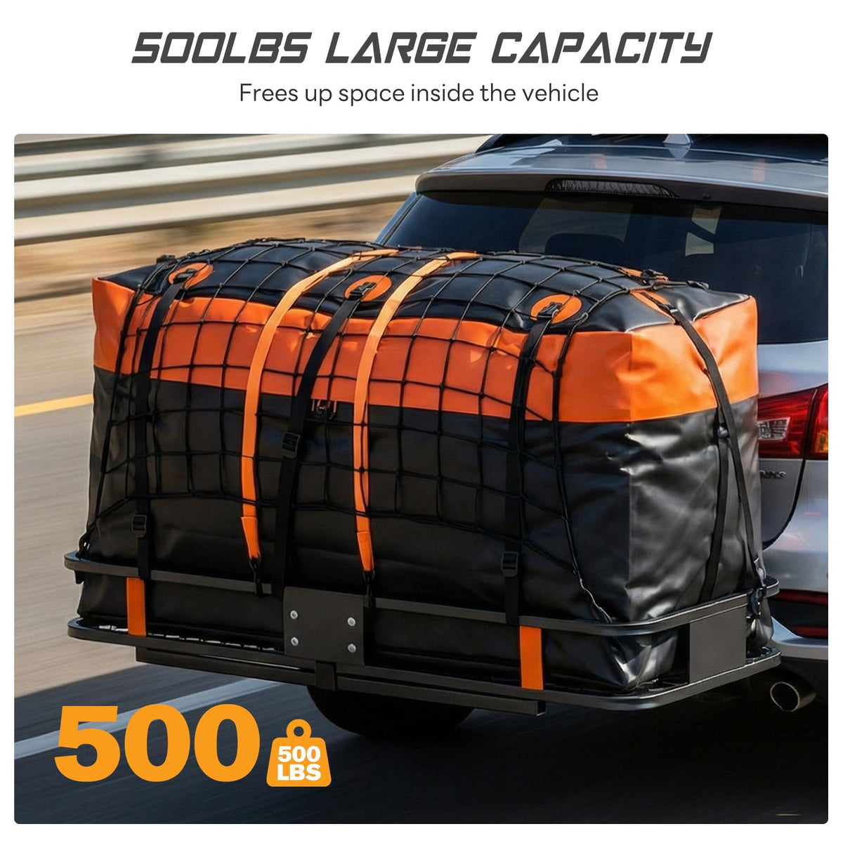 KMFurnila Folding Hitch Mount Cargo Carrier, 60.1" x 20" x 6" Steel Rack with 500 lbs Capacity, Includes Waterproof Bag, Cargo Net, Combination Lock, Straps and Hitch Stabilizer