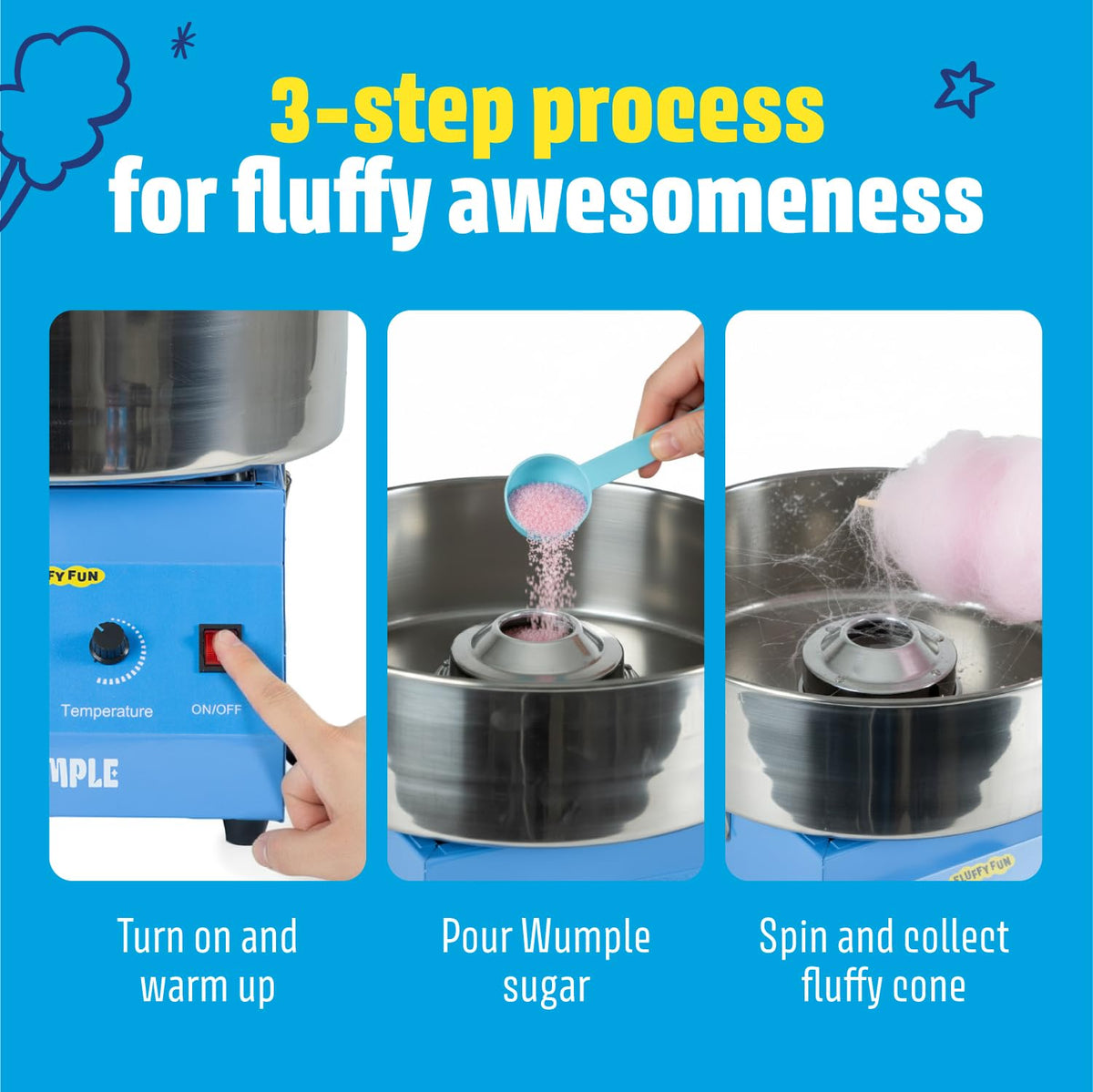 Wumple Cotton Candy Machine - 1000W Commercial-Grade Electric Cotton Candy Maker - 3-Minute Heat-Up - Stainless Steel Bowl - for Parties, Carnivals & Home Use - Blue