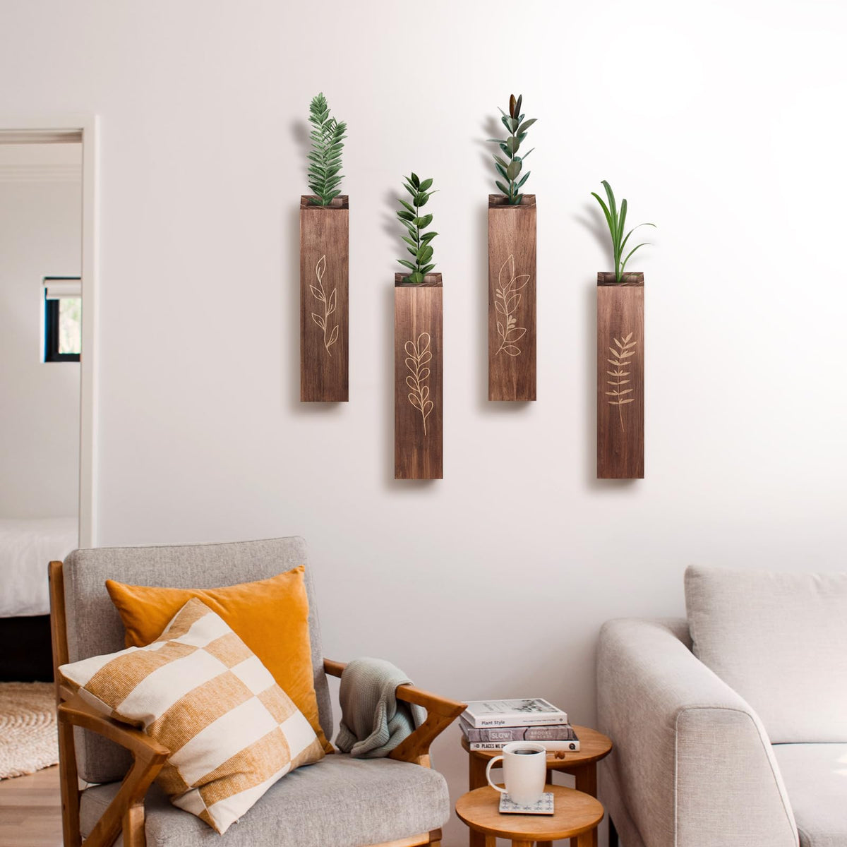 BOTOP 4 Pack Wood Indoor Wall Planter, Modern Boho Wall Decor for Living Room Bedroom, Farmhouse Pocket Vases for Dried Flowers and Faux Greenery Plants - Brown