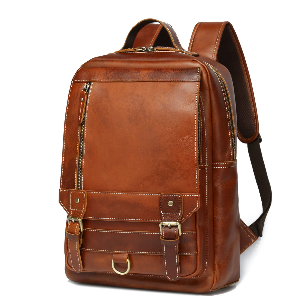 LANNSYNE Vintage Genuine Leather Backpack For Men Fits up to 15" Laptop Travel Hiking Rucksack