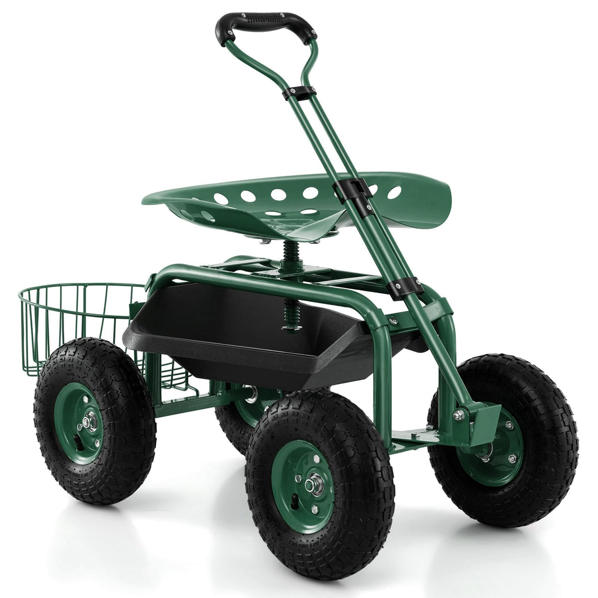 DORTALA Heavy Duty Garden Cart Work Seat w/360 Swivel Seat and Storage Basket, 4-Wheel Rolling Planting Cart w/Tool Tray Extendable Steering Handle Height Adjustable Seat for Gardening, Green