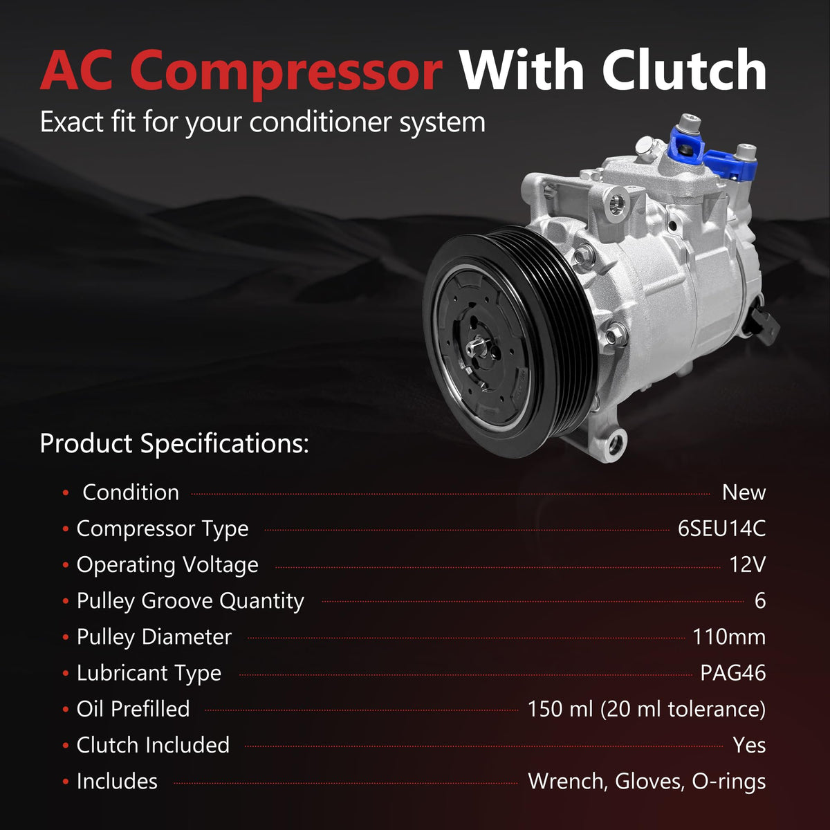 HYR New Air Conditioner AC Compressor with Clutch Compatible with Audi A4 A4 Quattro 2005-2013, Q5 2011-2012, A5 A5 Quattro 2010-2012, A6 2012-2015, A6 Quattro 2013-2015, 1.8L 2.0L 3.2L