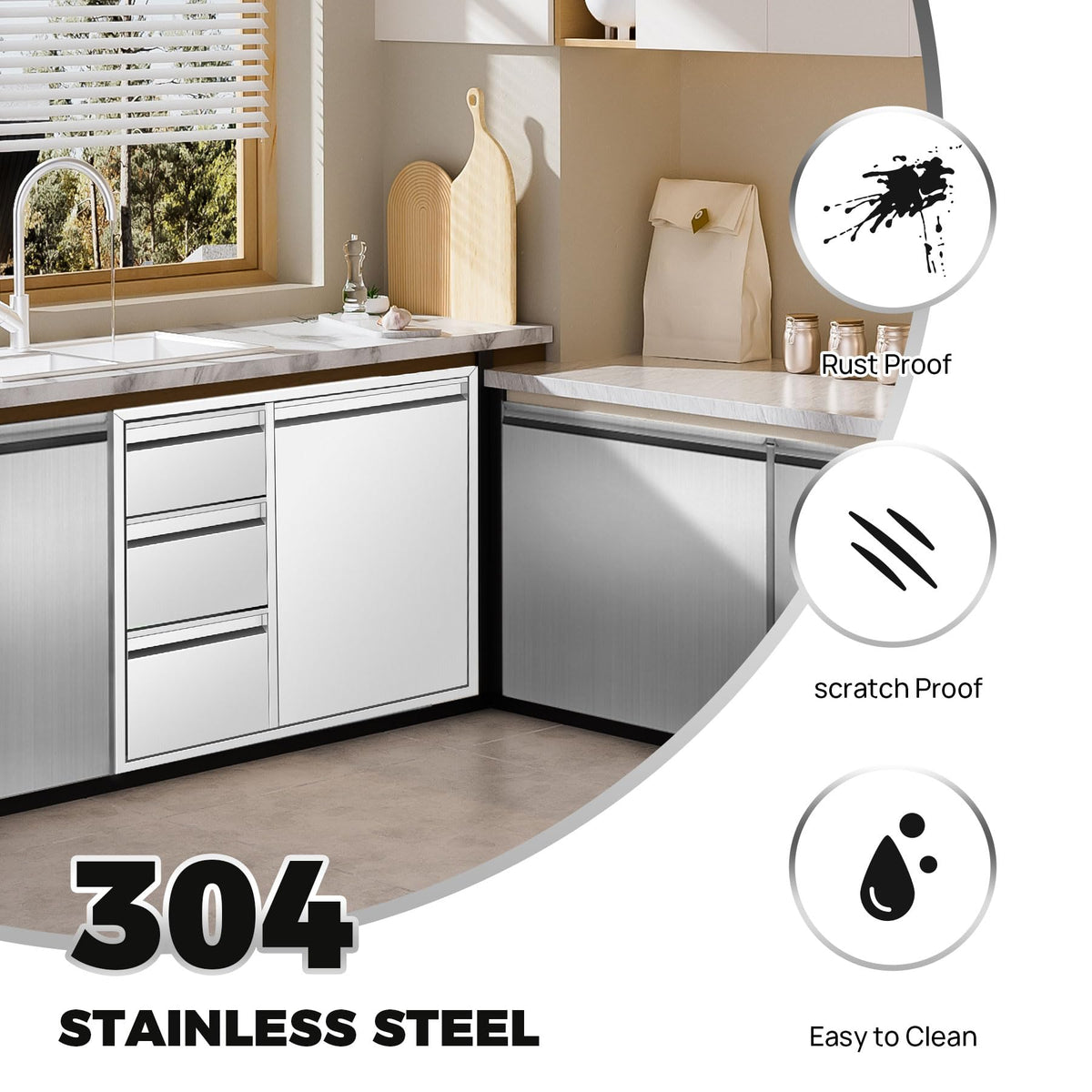 POPMOON Outdoor Kitchen Drawer Combo with Triple Drawers & Trash Bin Compartment | Includes 2X 20L Trash Cans | Outdoor Kitchen Access Drawers for Grill Station, 28" W x 22" H x 19" D