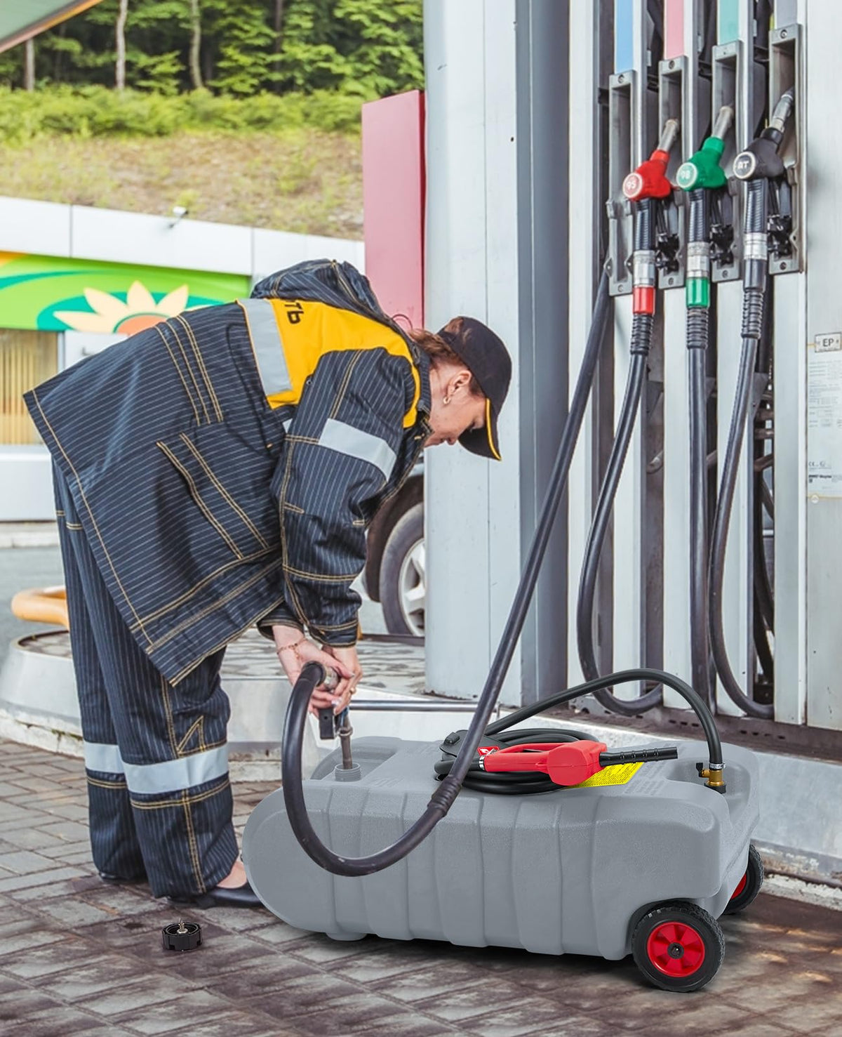 15 Gallon Gas Can with Manual Transfer Pump, Portable Fuel Caddy with Wheels & Carry Handle, 10 ft Hose, Heavy-Duty HDPE Fuel Transfer Tank for Gasoline Diesel Kerosene, Brass Shut-Off Valves, Gray