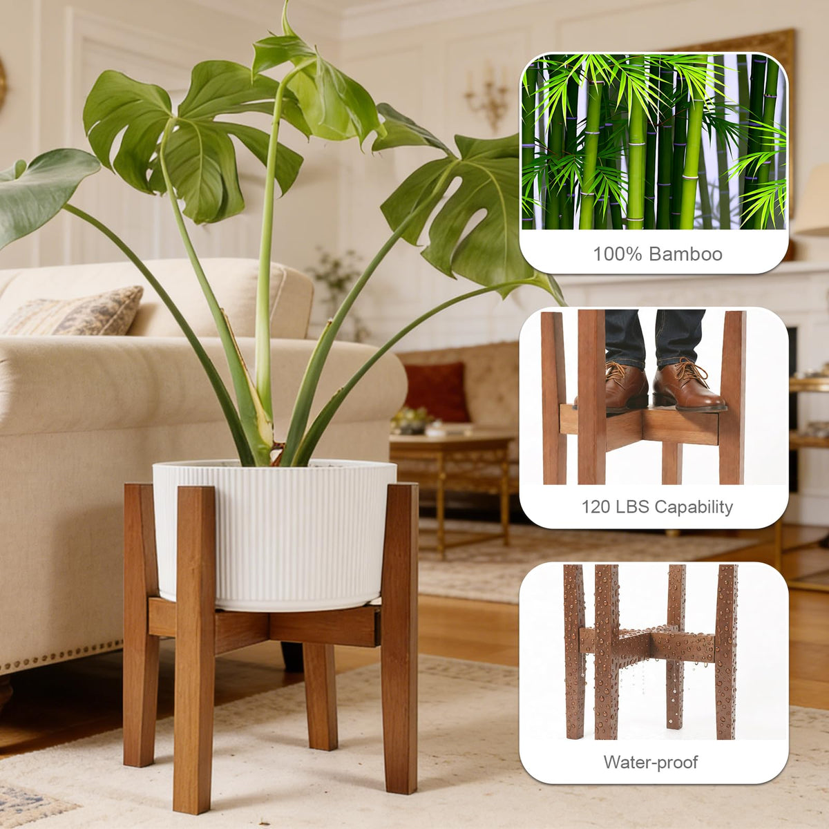 Lissomballon Natural Bamboo Plant Stand Indoor, Adjustable Plant Shelf Indoor Fits 8-12 Inch Pots, Mid Century Modern Decor to Refresh Your Space(Pot & Plant Not Included)