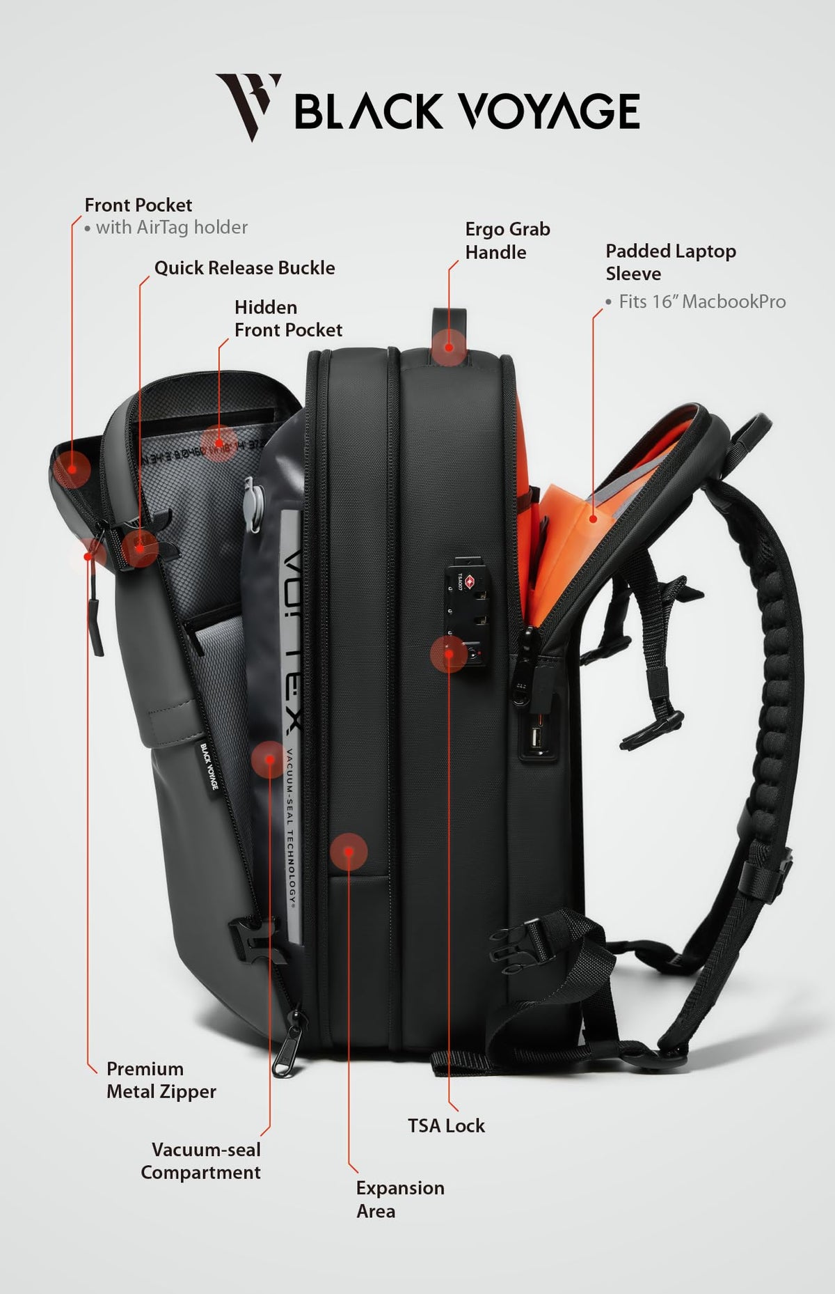 BlackVoyage Vortex Vacuum Seal Travel Backpack 60L Expandable Air Compression System Water Resistant TSA Lock Carry-On Suitcase Luggage Gray AERO - Vacuum Pump Included