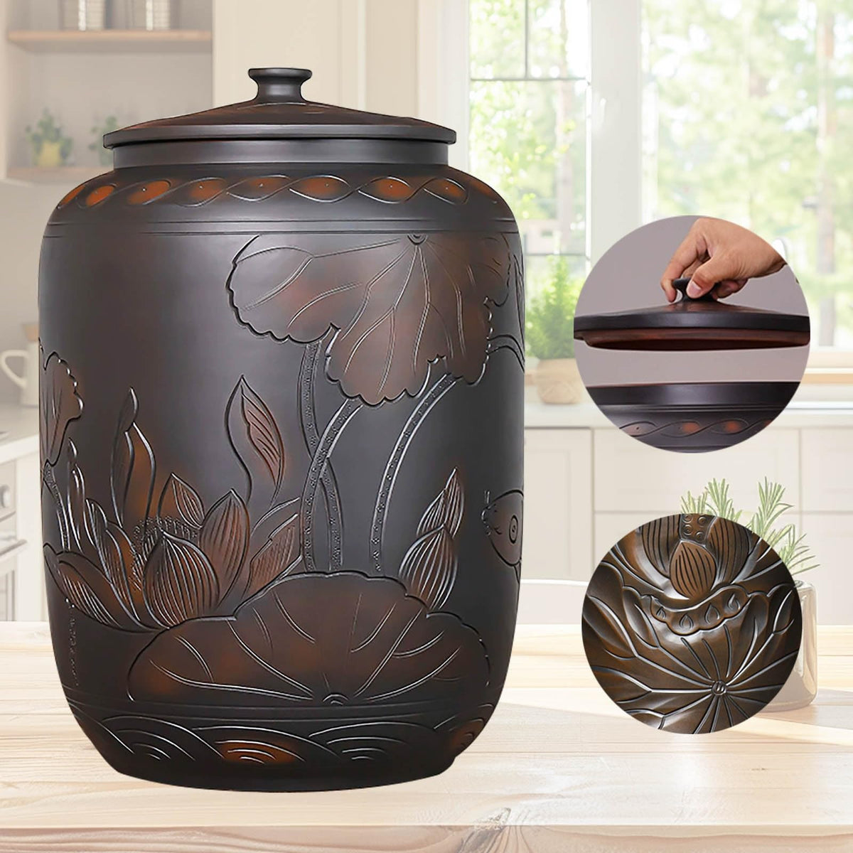 Food Storage Jar Ceramic Rice Jar with Lid 22lb 33lb 55lb Ceramic Rice Container Food Airtight Storage Jars Kitchen Sealed Jar Grain Rice Dispenser for Baking Supplies Cereal Flour Sugar(33lb)