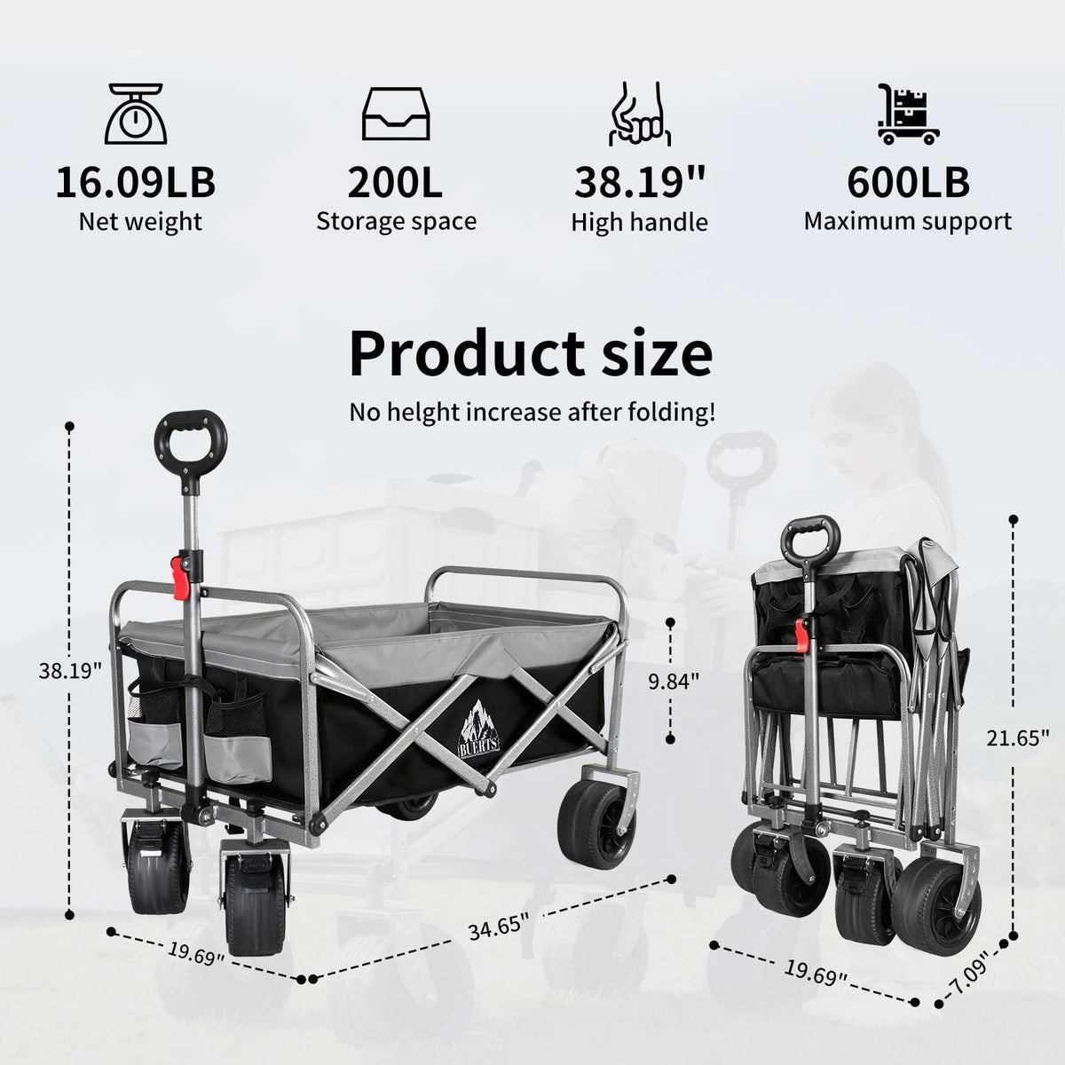 BUERTS Collapsible Wagon - 600LBS Heavy-Duty Large Capacity Foldable Utility Cart, Oversized All-Terrain Wheels, 3-Second Quick Fold Beach Wagon for Camping, Gardening, Beach & Backcountry Trip（BLACK）