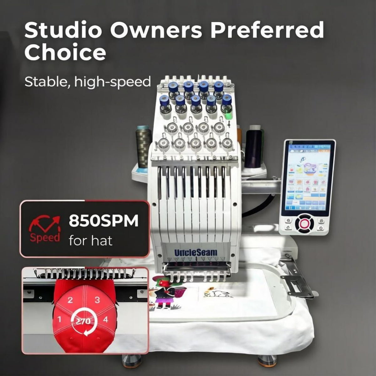 Compact Embroidery Machine with 9 Needles, 1200SPM Max Speed, 10“ Touch Screen, 8"x12" Embroidery Area, For Flat, Hat, T-shirt etc.