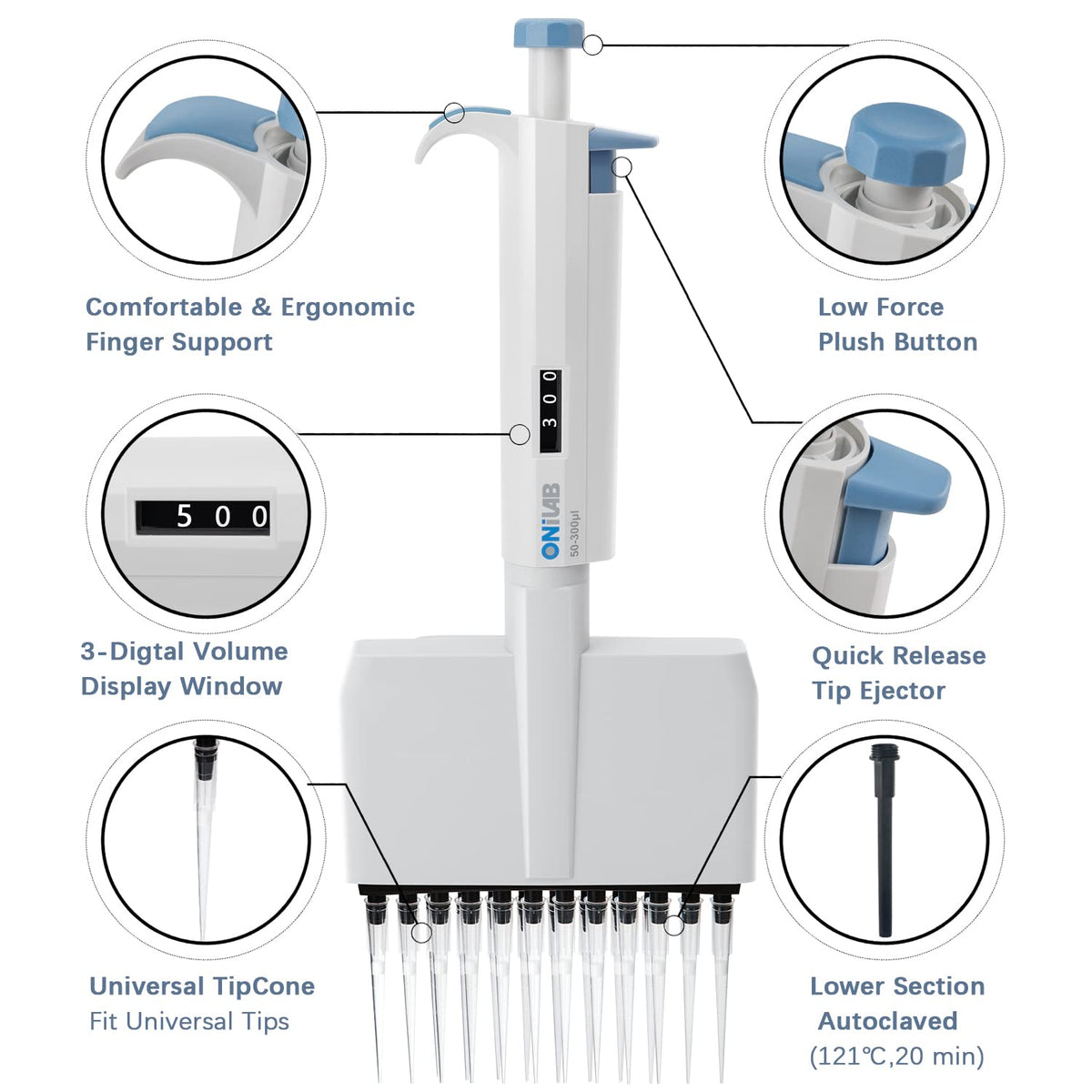 ONiLAB Lab Micropipette, Adjustable Volume 12-Channel Multichannel Pipettors, 50-300μl