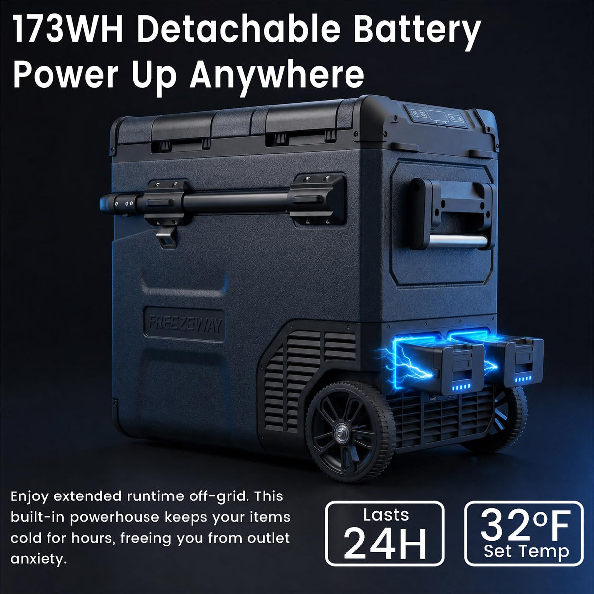 FreezeWay 171Wh Detachable Battery For Portable Car Refrigerator, Rechargeable Electric Cooler Battery for 12/24V DC and 120-240V AC Freezer Fridge, 15600mAh Lithium Car Refrigerator Plug-in Battery
