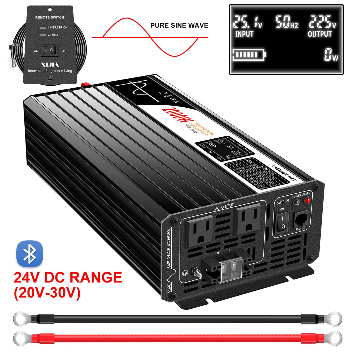 Xijia 2000W Pure Sine Wave Inverter，24V to 120V AC Converter for Home，Solar Systems，Remote and Bluetooth Control for Truck，Camping，with 2 20A AC Socket，Surge Power 4000W