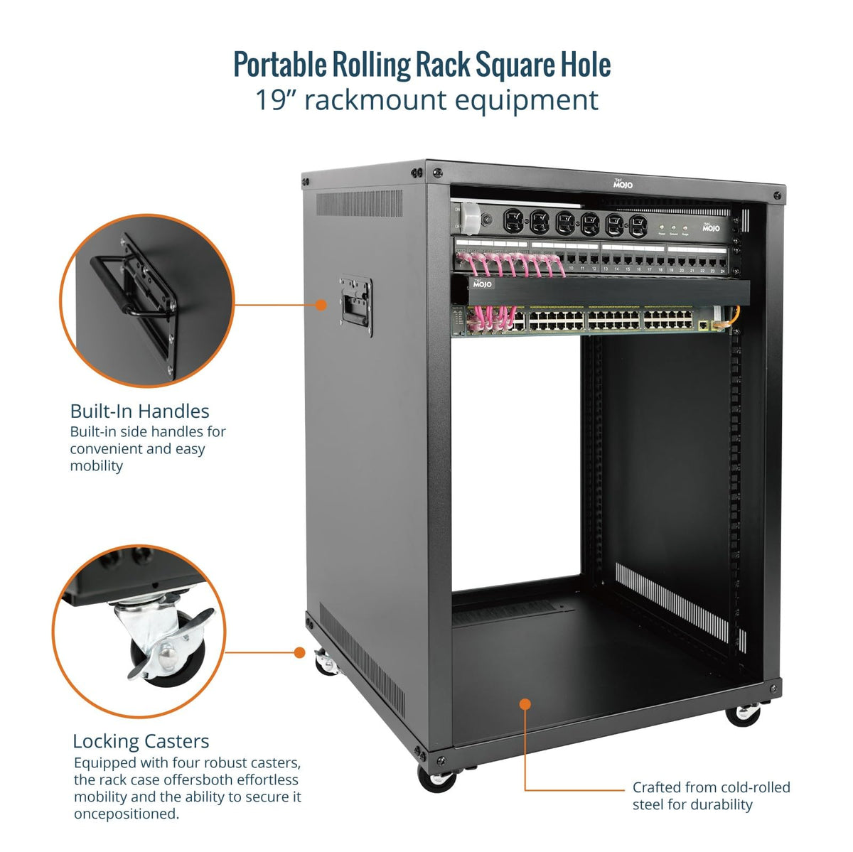 Tecmojo 15U Portable Rolling Network Rack, 4-Post Mobile Open Frame Server Rack with Wheels, Free Standing Server Cabinet for Computer/Data/AV/IT Equipment/Network Equipment