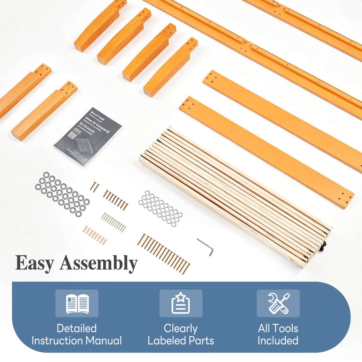 DUMOS Twin Size Solid Wood Bed Frame 16 Inches, Sturdy Platform Bed with Heavy Duty Wood Slat Support, No Box Spring Needed, Easy Assembly, Natural Pine