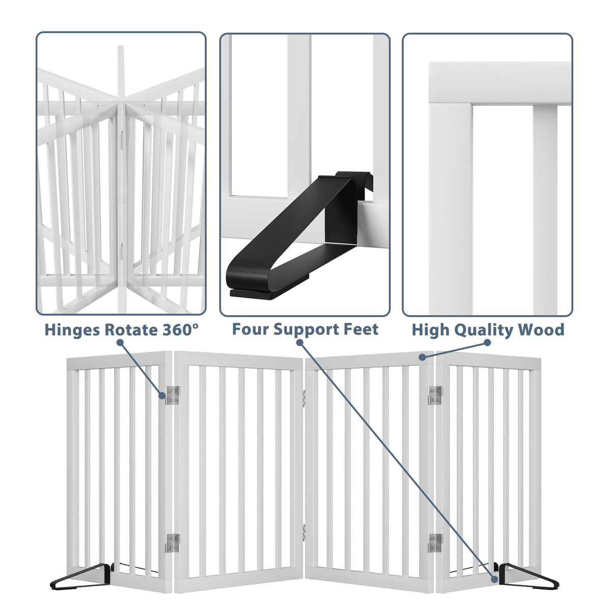 Wooden Dog Gate Freestanding Foldable Pet Gate 4 Panel Fully Assembled Dog Gates for Doorways House Stairs