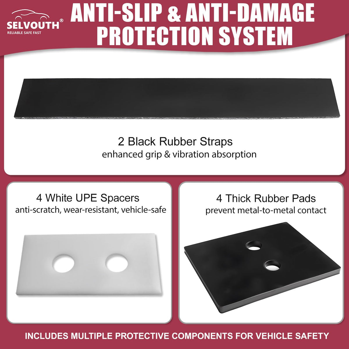 Cab Rack Side Mounting Kit - 4 L-Shaped Steel Brackets with 4-Hole Design, 2 Black Rubber Straps, 4 Thick Rubber Pads, 4 White UPE Anti-Scratch Spacers, Complete Set of Bolts, Nuts and Washers.