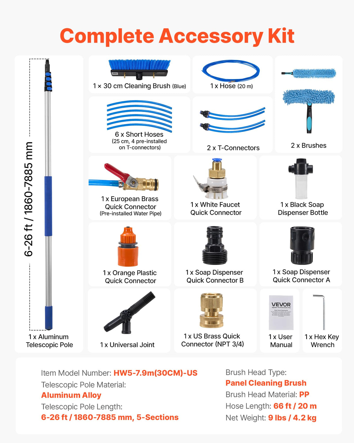 VEVOR Solar Panel Cleaning Kit, 26 ft, Water Fed Pole Kit with Cleaning Brush, Soap Dispenser, Extendable Aluminum Telescopic Pole, 180° Rotatable Brush Head, for Roof Mounted Solar Panels, Windows