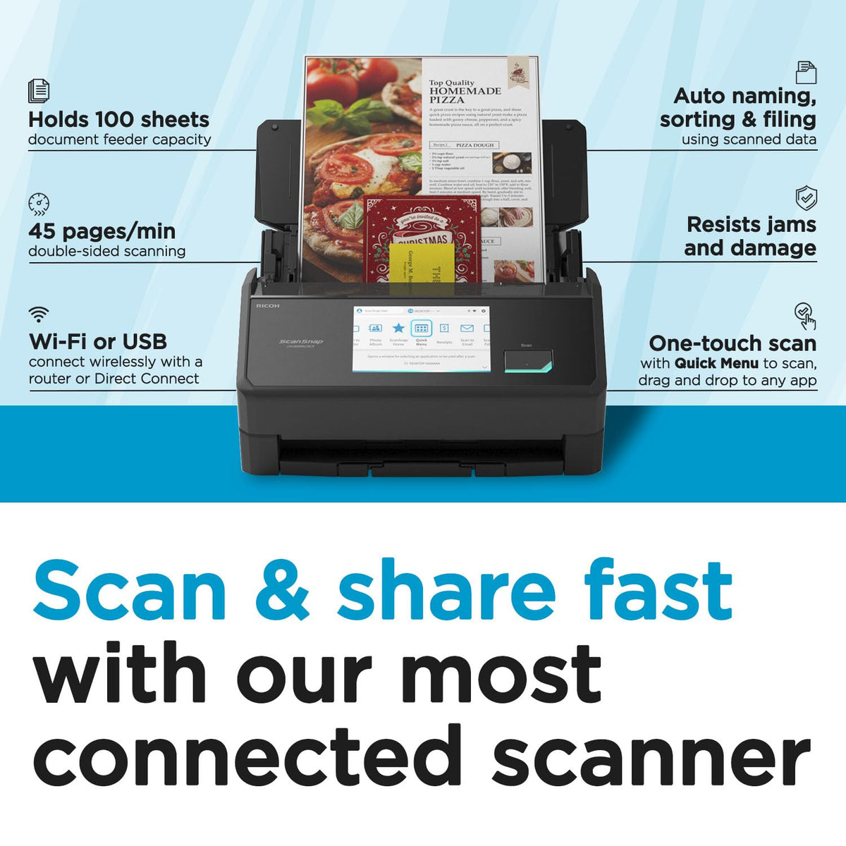 ScanSnap iX2500 Wireless or USB High-Speed Cloud Enabled Document, Photo & Receipt Scanner with Large 5" Touchscreen and 100 Page Auto Document Feeder for Mac or PC, Black