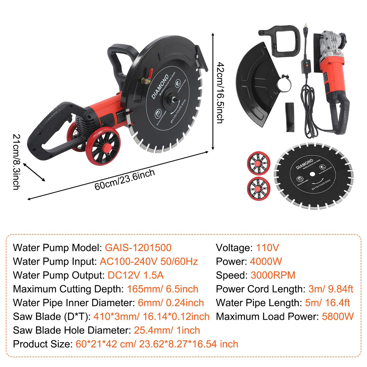 16" Electric Concrete Saw 4000W Wet/Dry Circular Saw with Water Pump and 16.4ft Water Hose Concrete Cutter for Brick Concrete Wall and Granite Max.Cutting Depth: 6.5in