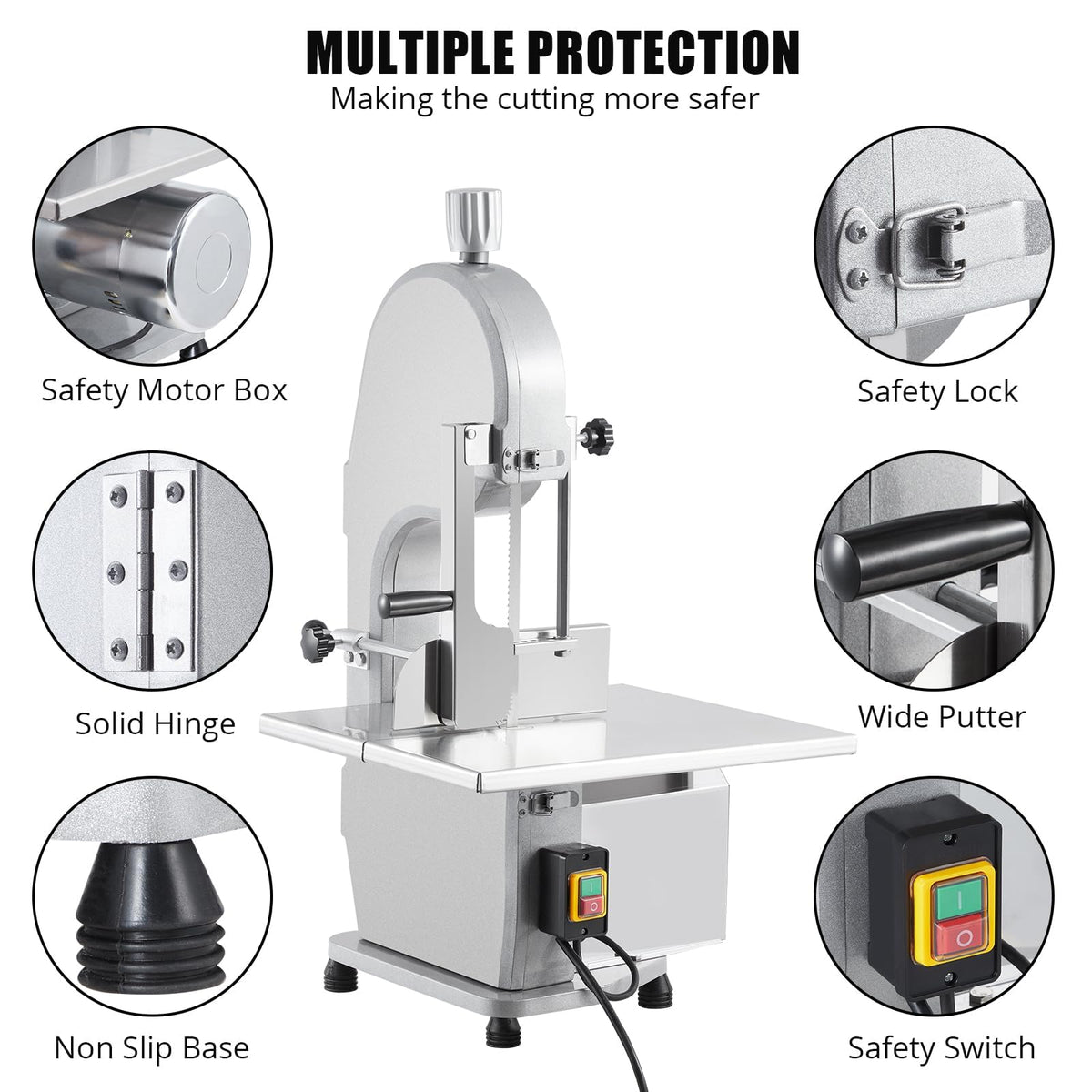 1500W Commercial Electric Bone Saw Machine, Frozen Meat & Bone Cutter with 5 Saw Blades, Adjustable 0.16-7.09 Inch Thickness, 19.3"x15" Stainless Work Table for Butcher Shops, Restaurants, Supermarket