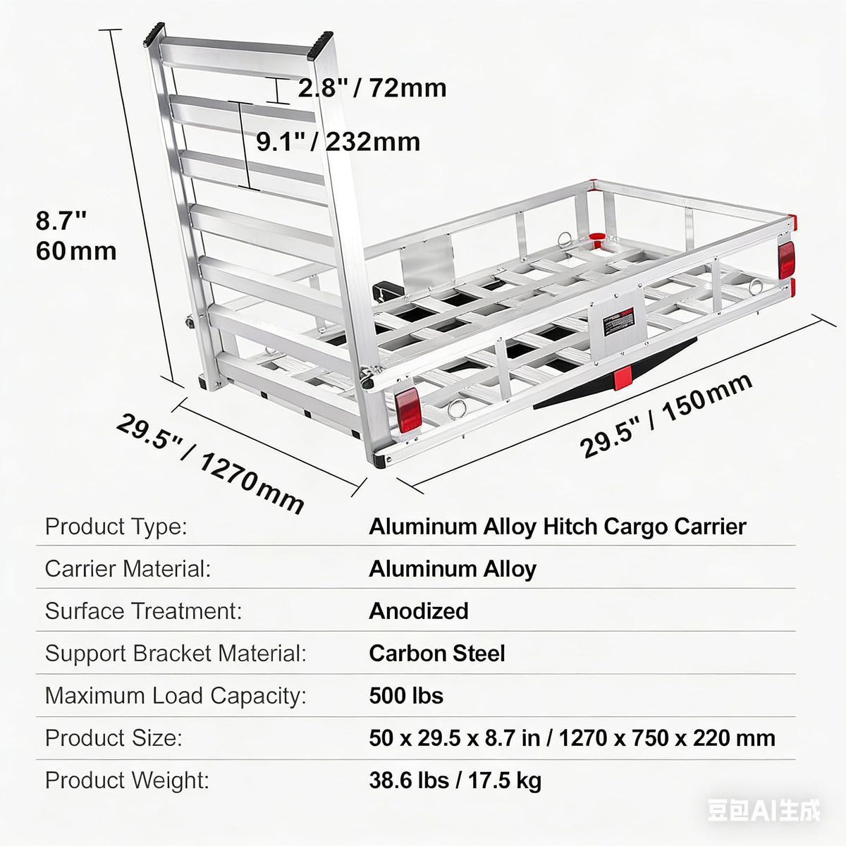 LOEZORA 500LB Hitch Cargo Carrier with Folding Ramp, 50 x 29.5 Inch Aluminum Cargo Basket, Heavy Duty Trailer Hitch Mounted Rack for 2" Receiver, SUV Truck Van