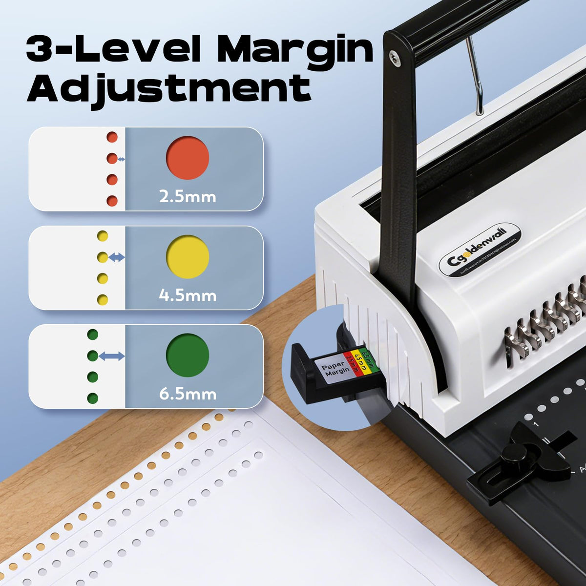 CGOLDENWALL Wire Binding Machine, Wire-O Binder, 3:1 Pitch 34 Holes, with 11 Coils Included, Punch 20 Sheets Bind 140 Sheets, Adjustable Pins Margins (Round Holes)