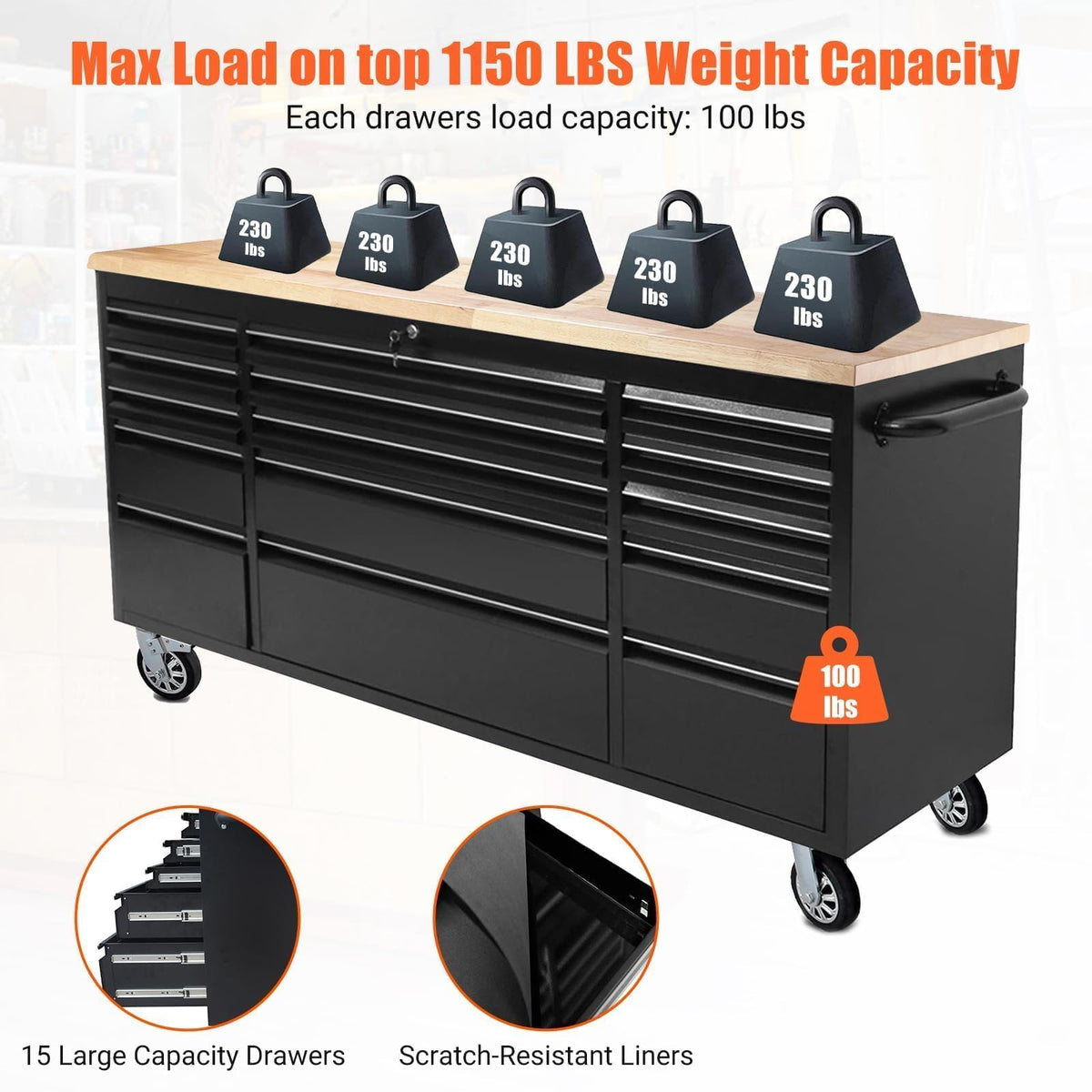 72" Heavy Duty Rolling Tool Chest,Locking Steel Tool Cabinet with 15 Drawers Mobile Workbench with Rubber Wood Work Surface Tool Box with Wheels for Workshop