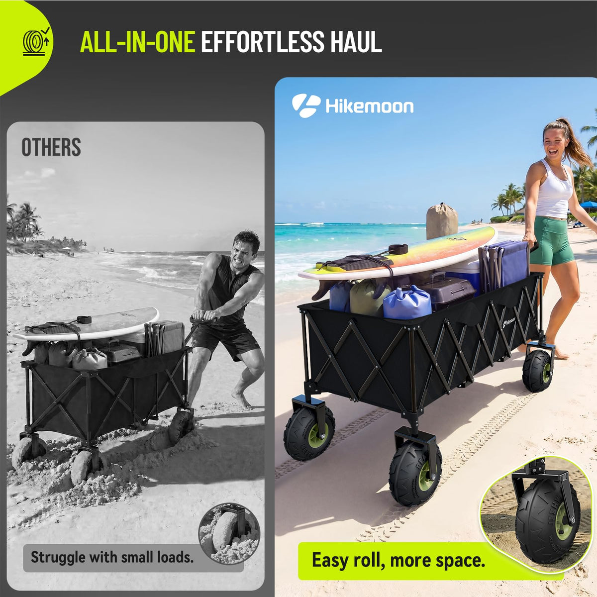 Hikemoon 400L Collapsible Beach Wagon with 10" Big Balloon Wheels for Sand, 54" Long Extra Large Wagons Carts Foldable, All Terrain Tires & 560LBS Heavy Duty, Utility Folding Cart for Outdoors, Black