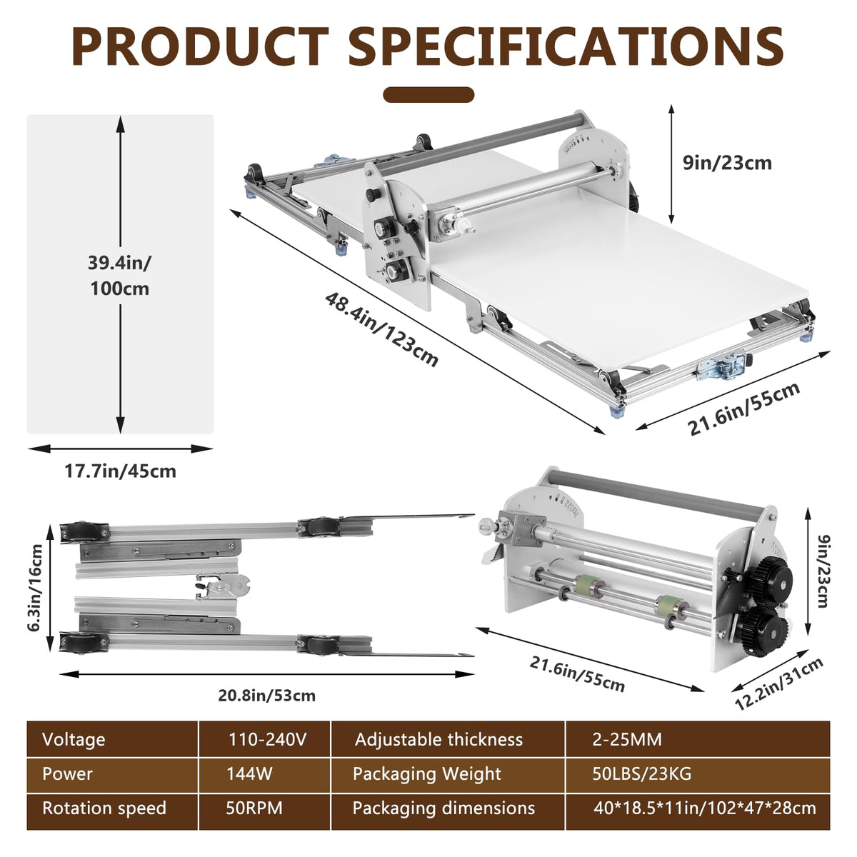 Electric Dough Sheeter Machine 17.7" Commercial Dough Rolling Machine Electric Dough Roller Machine Folding Dough Sheeter Reversible Control with 0-25MM Thickness Adjustment
