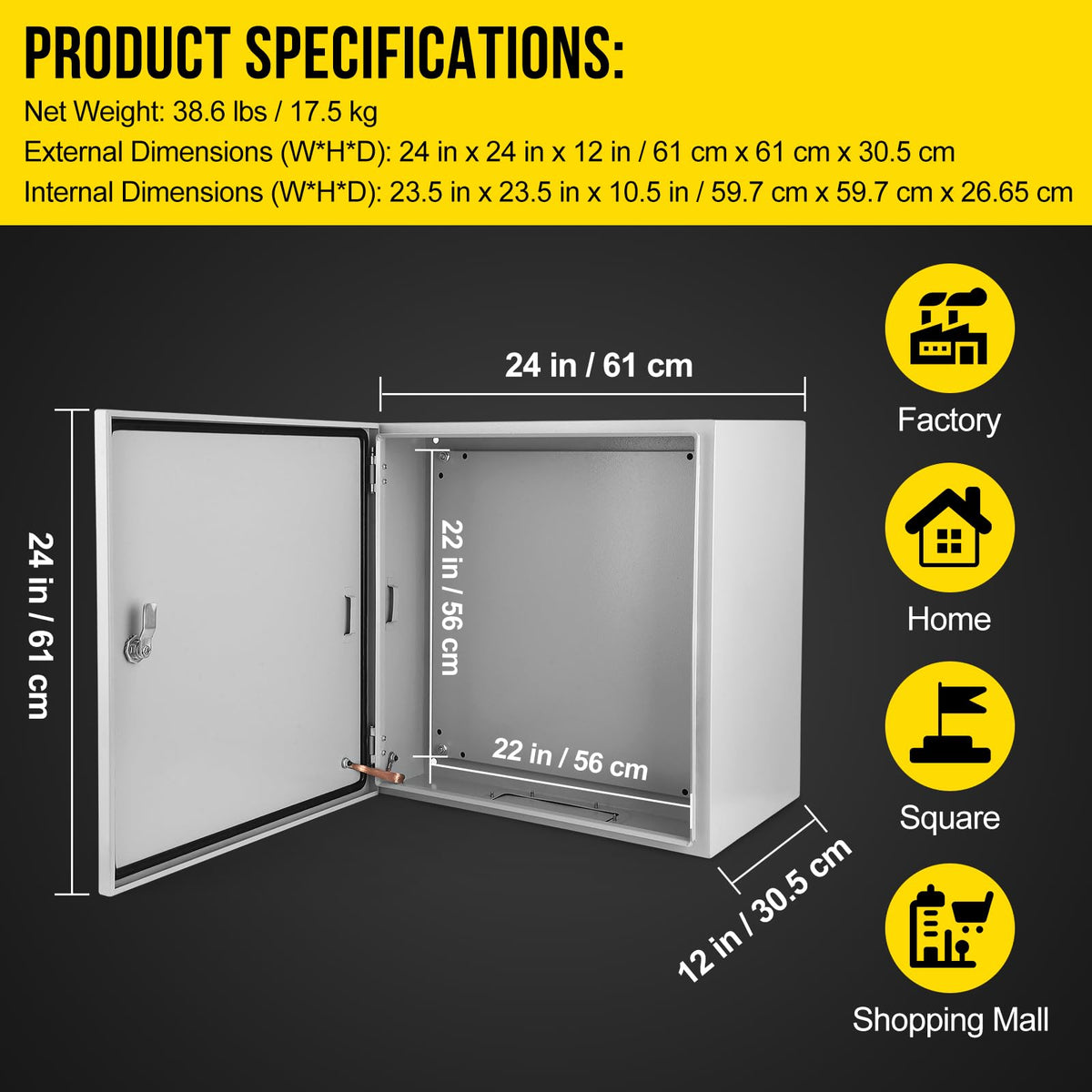 Outdoor Electrical Box,24x24x12 Inch Steel Electrical Box,IP66 Waterproof & Dustproof,Electrical Enclosure with Hinged Lockable Door and Mounting Plate for Commercial & Residential Circuit Protection
