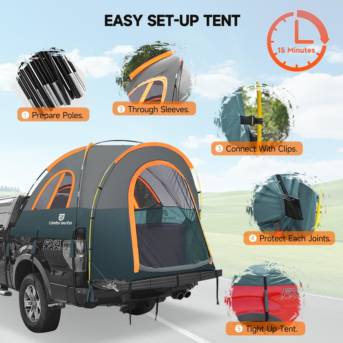 Truck Bed Tent 5.5-6ft: Easy Set Up Umburato Pickup Truck Tents for Camping, Waterproof PU3000mm Canopy for Truck Camper, Portable, Spacious for 2 Person Green