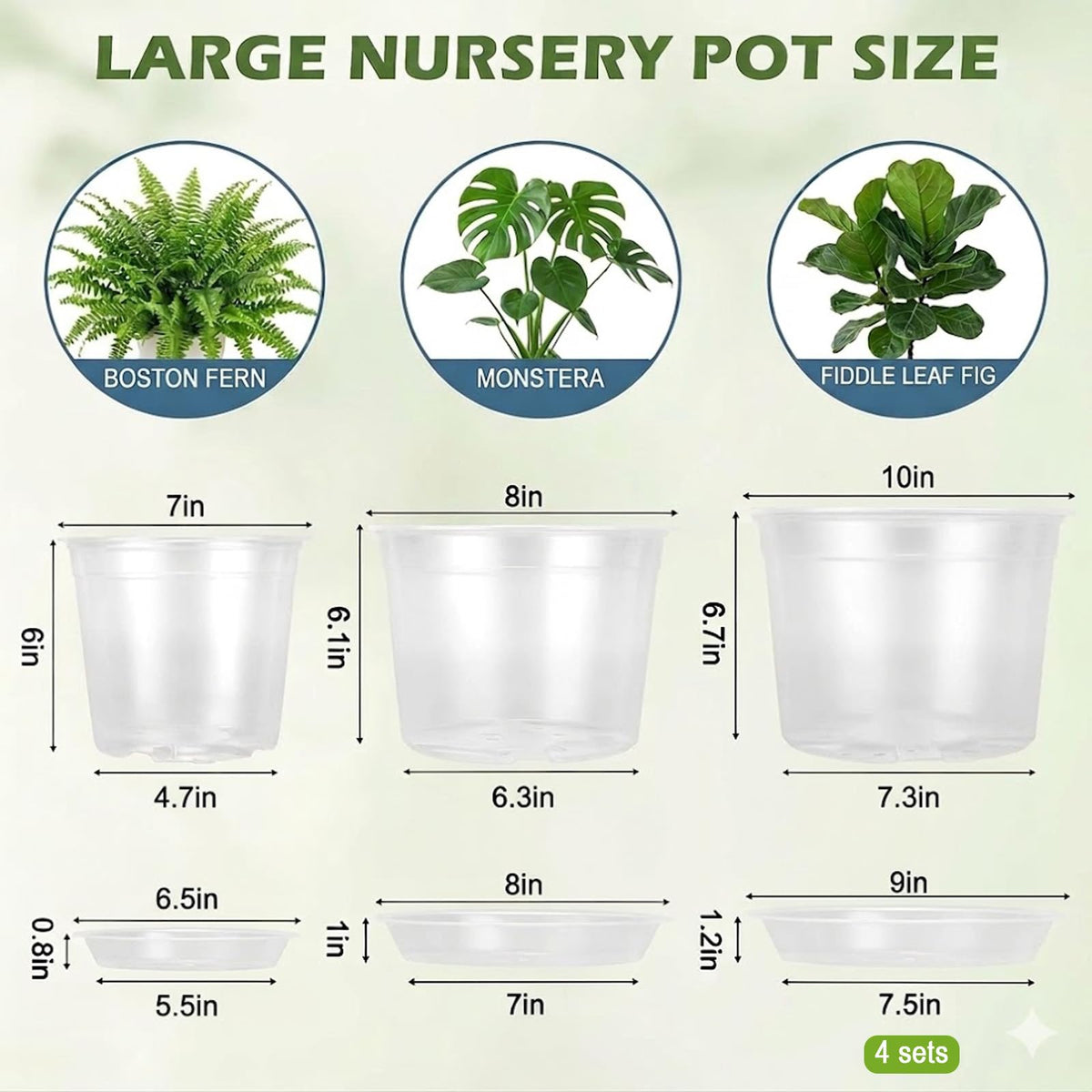 THEIFOXONE 4 Sets 10 Inch Large Clear Nursery Pots with Drainage Holes, Thick Reusable Plastic Plant Pots for Indoor Outdoor Plants, Seedlings, Succulents, Transplanting (10 inch)