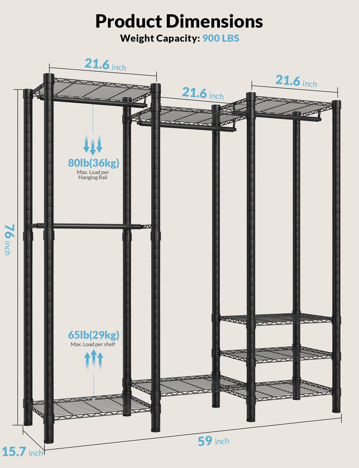 UILNHK Heavy Duty Clothes Rack, Metal Garment Rack 59" W x 15.8" D x 76" H with Hooks, Freestanding Clothing Racks for Hanging Clothes, Portable Closet Organizer 900LBS Max Load, Easy Assembly-Black