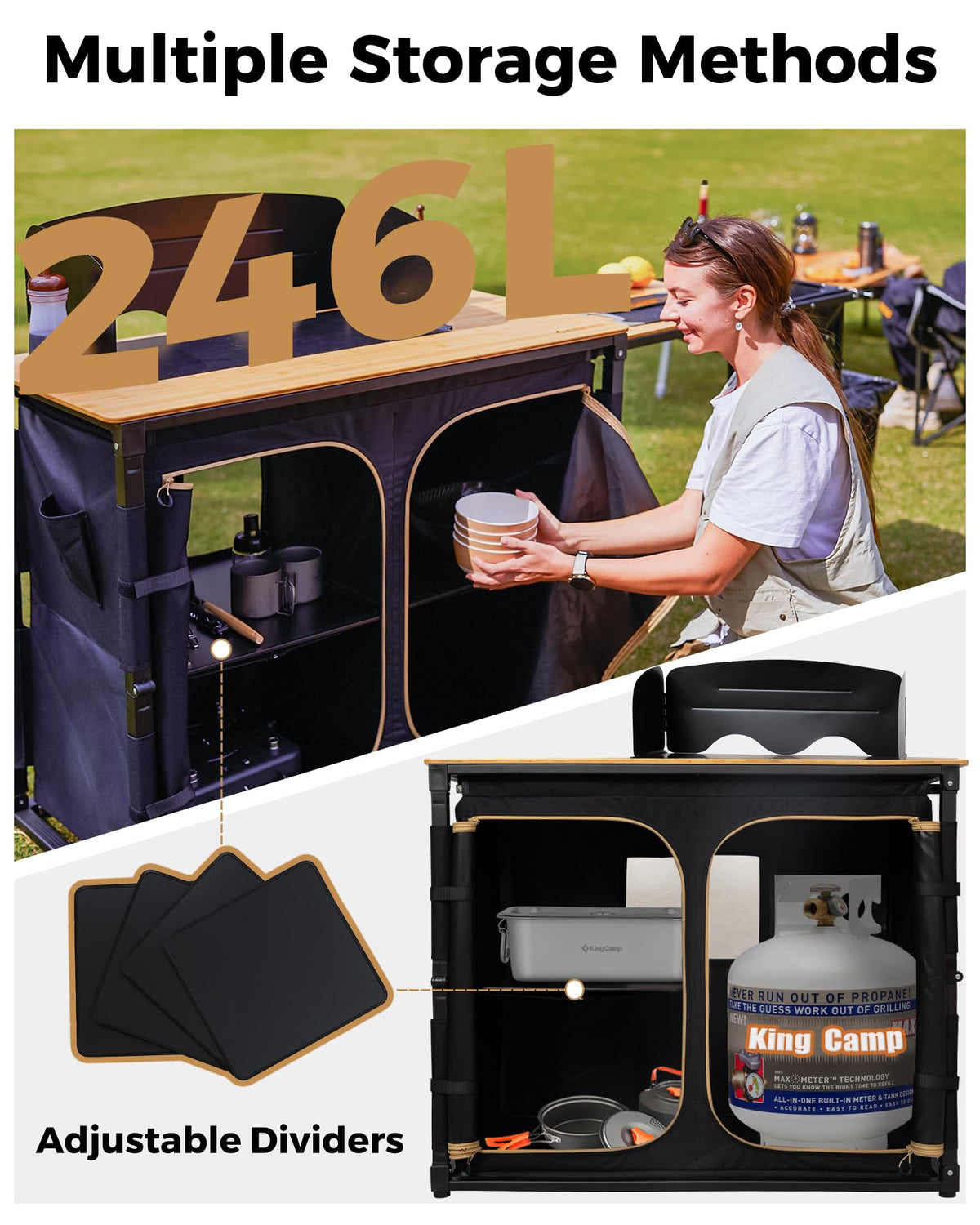 KingCamp Bamboo Camp Kitchen Table, Slide-Out Overland Table with 400L Storage, Portable Outdoor Prep Station with Sink, Windscreen & Lantern Pole for RV, Tailgating, BBQ