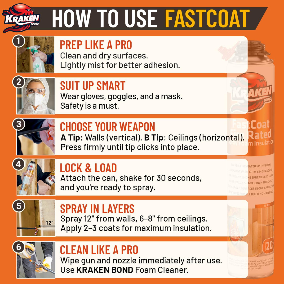 Kraken Bond Fastcoat Fire Rated Spray Foam Insulation Kit Closed Cell in a Can 240 sq ft (12x27.1 oz.) (R-Value 11.32 / 2in) - Spray Foam for Garage Door, Attic, Wall Gun & Cleaner Included, 12 Pack