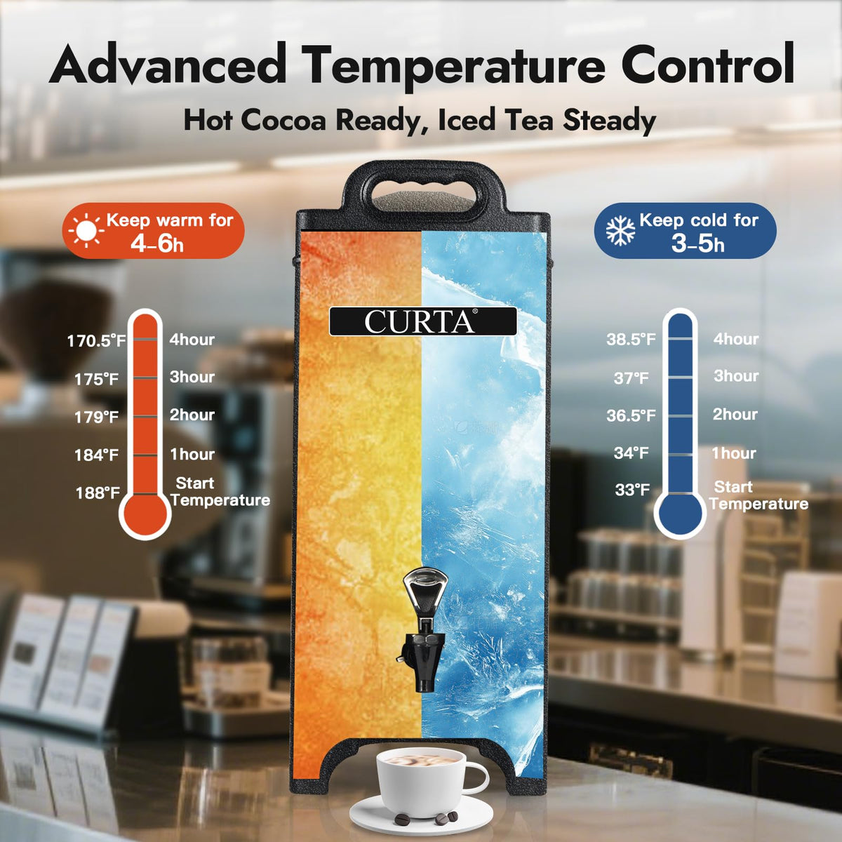 CURTA 5-Gallon Insulated Beverage Dispenser- Hot and Cold Drink Container with Ergonomic Handle, Stand & Leak-Proof Lock, Commercial Drink Pitcher for Coffee, Juice, Lemonade, Parties,Events