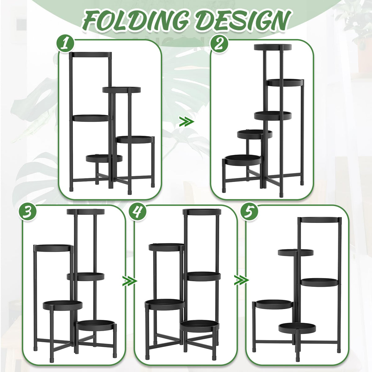 iDavosic.ly Plant Stand with Garden Tools, 5 Tier Corner Metal Flower Display Holder Shelf Indoor Outdoor, Folding Tall Orchid Rack for Patio Balcony Porch Living Room House, Black