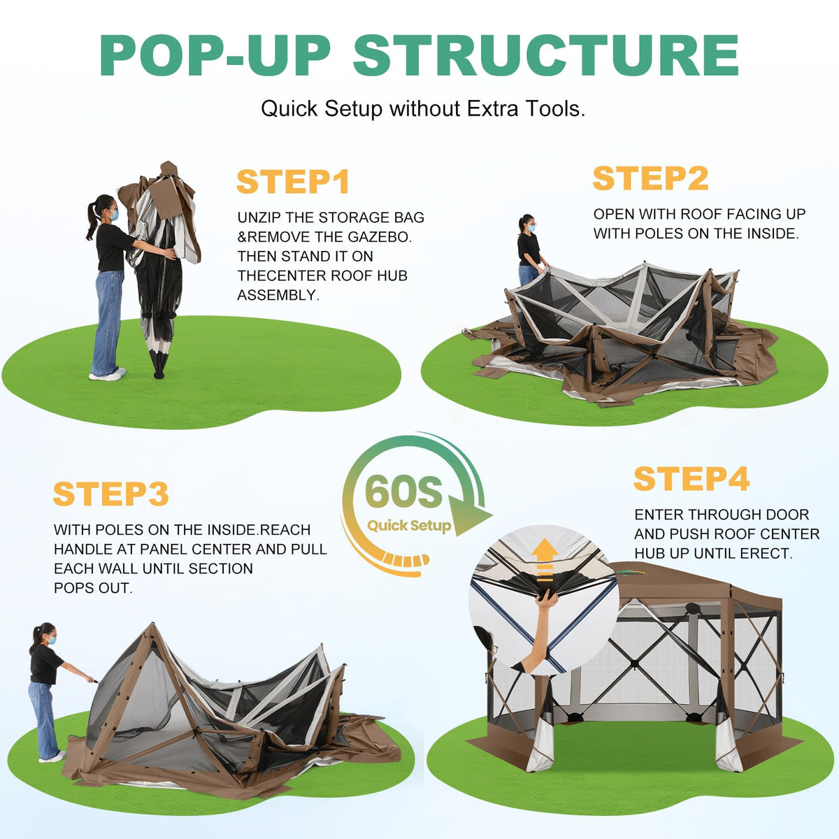 COBIZI 12x12 FT Pop Up Canopy Extendable Tent, Gazebos On Clearance, Screened in Gazebo,Screen Tents Portable carpas para Patio for Outdoor Camping,Backyard, Garden, Brown(Upgraded)