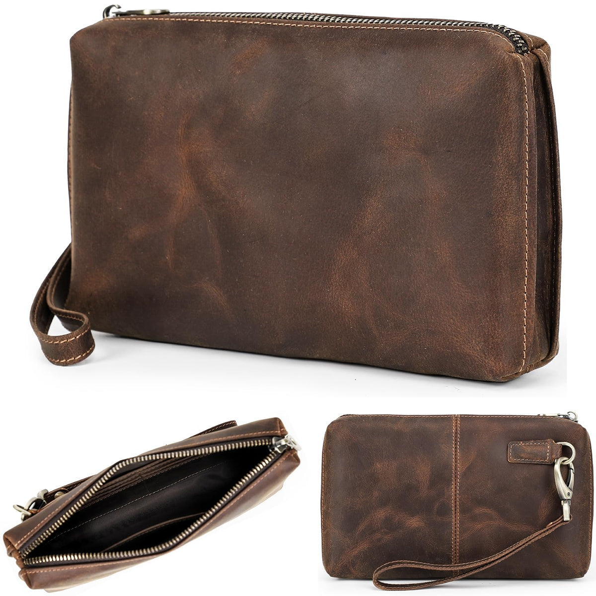 Top Grain Genuine Leather Clutch Wallet with Wristlet for Man & Woman, Handmade Simple Retro Vintage Design, Multi Pockets & Card Slots, RFID Large Capacity for Cards/ID/Checks/Banknote/Phone, Coffee