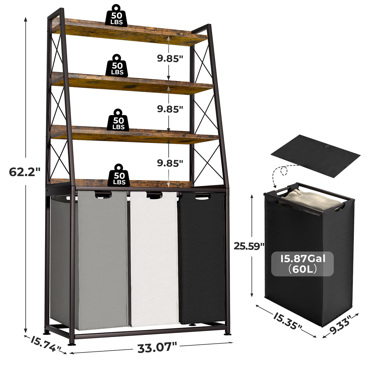 Herture Laundry Basket, 3 Section Laundry Hamper with 4 Tiers Shelf, Pull-Out and Removable Laundry Bags, Large 3 x 15.87 Gallons, for Laundry Room Bathroom Rustic Brown PF05XLN